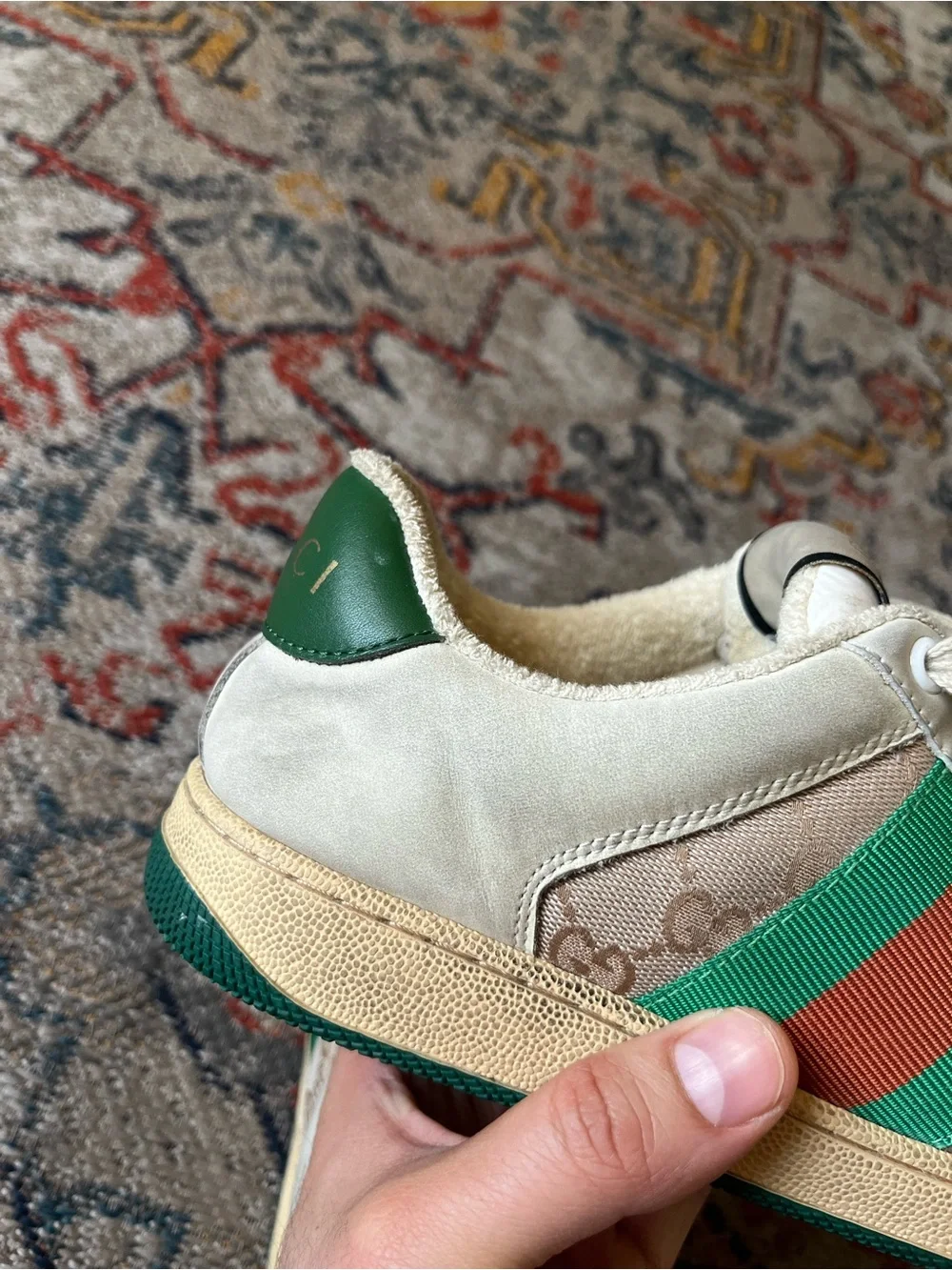 Gucci Cream and Green Leather Logo Sneakers Size 41 Sneakers GG Monogram